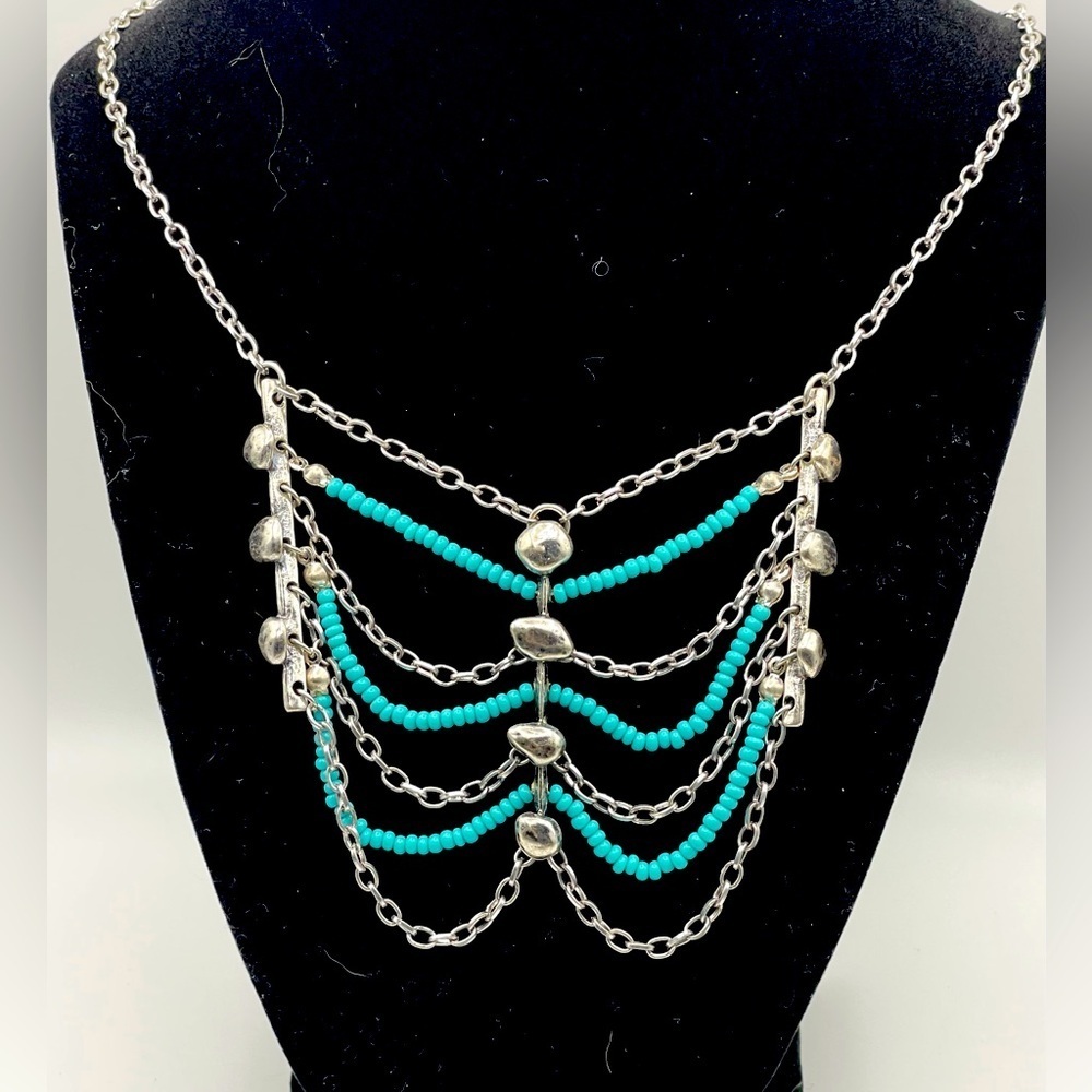 Boho Silver Toned and Turquoise Beaded Necklace